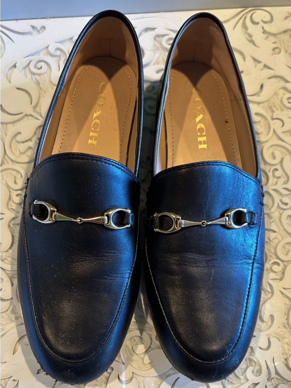 Coach Black Leather Horsebit Loafers with Gold Hardware